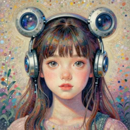 Pointillism portrait of a beautiful cute girl with robot ears by greg rutkowski, 4k, intricate details,