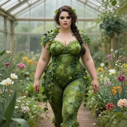 a stunning matte portait of a thicc and stacked ariel dressed as a beautiful poison ivy with hair tied in a braid walking through a flowering garden, greenhouse in the background, dark eyeliner, intricate, elegant, highly detailed, digital painting, artstation, concept art, sharp focus, illustration, art by artgem and jugendstil and greg rutkowski and alphonse mucha, pixv