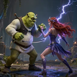 Shrek fightning Malenia in Elden Ring, octane render, volumetric lightning 4k