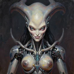 perfectly centered portrait, front view of a biomechanical alien robot goddess kali, female, intense stare, sarcastic smile, symmetrical, concept art, intricate detail, volumetric shadows and lighting, realistic oil painting by tim hildebrandt and greg rutkowski,