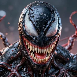 incredibly realistic, too detailed closeup face of marvel's venom made of tuna and salmon, octane render, bump mapping, global illumination, unreal engine 5, 8 k, bokeh, d & d digital art, mark ryden, rob gonsalves