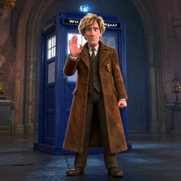 weta disney pixar movie still fullbody photo of peter capaldi wtith his tardis : : as the twelfth doctor who by pixar : : by weta, wlop, octane render, iridescent