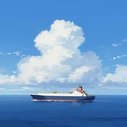 in front of clouds, a big ship alone in ocean, clear blue sky background, don't have human, landscape, anime style