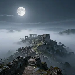 view of the ruins of a city from a top of a mountain, misty, fog, night sky, moon, digital art, trending on artstation, high quality, 8 k
