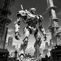 giant dimantled disassembled cyborg and biological android with wires on bridges and pipes, in through a huge cybernetic megastructure multi - level metropolis in space, black and white, by nihei tsutomu
