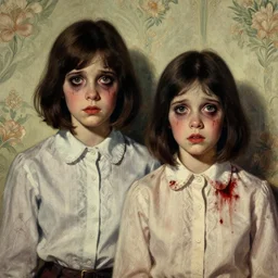 a beautiful and eerie vintage pulp illustration of two beautiful but creepy siblings wearing oxford shirts in layers of fear, with haunted eyes and dark hair, 1 9 7 0 s, seventies, wallpaper, a little blood, morning light showing injuries, delicate embellishments, painterly, offset printing technique, by brom, robert henri, walter popp