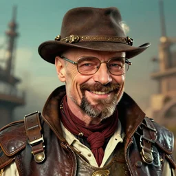 a dieselpunk walter white colorful smiling in the style of jules verne