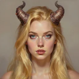 A head-on detailed oil portrait of a pretty  woman with small curly horns on her forehead, long blonde hair and bright irises, by greg rutkowski, trending on artstation, dungeon and dragons art