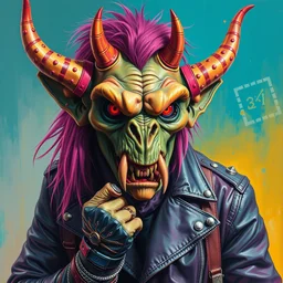 portrait of an apocalyptic demonic orcish goblin biker character, cool pose, psychedelic vibrant colors, futuristic punk rock fashion, oil painting by michael whelan art, sharp focus, realistic, detailed eyes, studded leather jacket