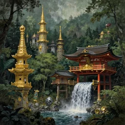 gothic towers, Japanese shrine waterfall, gold and gems, lush vegetation, forest landscape, painted by tom bagshaw, raphael lacoste, eddie mendoza, alex ross concept art matte painting