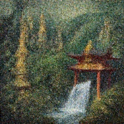 gothic towers, Japanese shrine waterfall, gold and gems, lush vegetation, forest landscape, painted by tom bagshaw, raphael lacoste, eddie mendoza, alex ross concept art matte painting