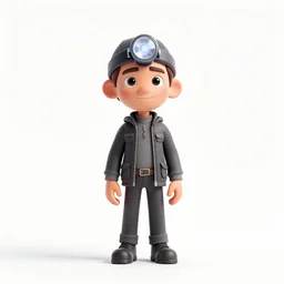 elegant miner with headlamp, stylized pixar-style 3d render, full body, standing, isolated on a pure white background, centered, whole figure in frame, sharp focus, studio lighting