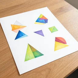 several triangles and perfect squares of all colors are drawn on a large white sheet of paper. side view. on a large wooden table.