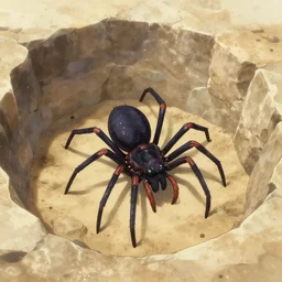 “a spider in a sandstone pit, anime style”