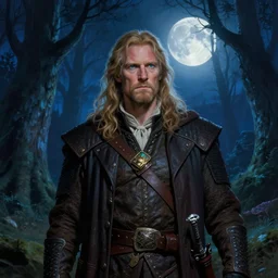 Captain Sam Vimes. The background is the Forbidden Forrest at midnight, full moon, blue tones, detailed, hyperrealistic, colorful, cinematic lighting,  digital illustration by Paul Kidby