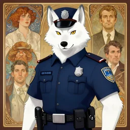 anthropomorphic wolf police officer with white fur. Renowned character illustration by greg rutkowski, thomas kindkade, alphonse mucha, loish, norman rockwell. Trending on furaffinity.