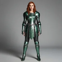 full body photo of christina hendricks as a warrior with emerald encrusted armour