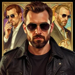 handsome man with a beard wearing sunglasses, Mark Edward Fischbach, intricate, highly detailed, digital painting, artstation, concept art, smooth, sharp focus, illustration, gta v cover art, Unreal Engine 5, 8K, art by artgerm and greg rutkowski and alphonse mucha