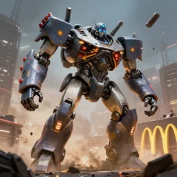 a giant robot smashing a mcdonalds inspired by maschinen krieger with docking bays and lights, ilm, beeple, star citizen halo, mass effect, starship troopers, elysium
