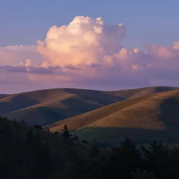 rolling hills and puffy clouds at dusk from the edge of a forest. strong shadows. deep colorful soft gradients, and translucence. by stanislaw fernandes and eyvind earle