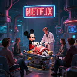 a group of people sitting watching mickey mouse being operated on, a neon sign that says netflix hangs above, cyberpunk art by rube goldberg, cgsociety, computer art, dystopian art, reimagined by industrial light and magic, concept art