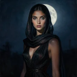 detailed portrait in mysterious femininity, ethnic, clear eyes, statuesque, gazelle - like, confident realistic face, radiant skin, dark gown and scarf, svelte fashion design, bathed in moonlight, chiaroscuro, impressionism, midnight, natural color scheme, silhouette, glint highlights, deep rich hues, illustration