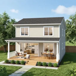 house is a two - story, rectangular shaped house. the first floor is the living area with a kitchen, living room, and dining room. there is also a half bathroom on the first floor. the second floor is the bedroom floor with three bedrooms and a full bathroom. the house has a front porch and a back deck.