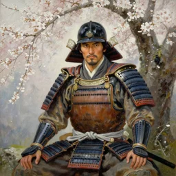 an oil painting of a male samurai warrior wearing armor while sitting under a cherry tree with white blossom. detailed face, greg rutkowski, edward robert hughes, tony sart