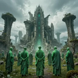 a group of green monks and a beautiful, vast, photo - realistic, surreal, and mysterious sci - fi structure outside under the sky. trending on gothic art.