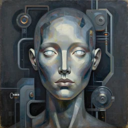 a portrait headshot of sci fi metallic human, bright eyes, melancholic complex geometric figure liminal machinery by oskar schlemmer, moebius, john berkey, metaverse, oil on canvas, portrait facial head, featured on artstation, hd wallpaper