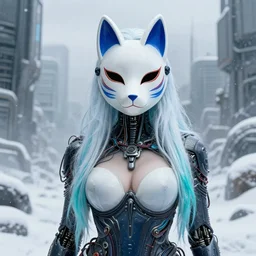highly detailed portrait of wastelander long ice hair ceramic kitsune mask curvy tribal lady, stray wiring by atey ghailan, james gilleard, by joe fenton, by greg rutkowski, by greg tocchini, by kaethe butcher, 4 k resolution, gradient blue, cyan, black and white color scheme!!! ( ( snowy glaciated robotic dystopian city background ) )