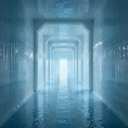 Beautiful Liminal Photograph of an infinitely tiled infinite liminal liminal hallway with water water water  water on the floor