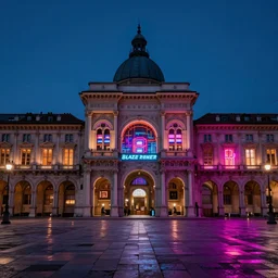 piazza san carlo in turin in the style of blade runner, neon lights, futuristic, cyberpunk, sharp focus, matte painting, artstation