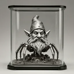 a dnd gnome warforged head in a glass tank, mechanical spider legs, steam punk style, ansel adams photograph