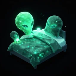isometric bed with alien aesthetic and biolumnescent gree cyan neon type lights all in a black background behance lowpoly alien pilow