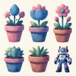 game asset of pot plants and flowers, in gouache detailed paintings, props, stylized, 2 d sprites, kitbash, arcane, overwatch, blue and pink color scheme, 8 k, close up