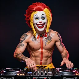 Ronald McDonald's head on a shirtless and muscular body with tattoos DJing with DJ turntables