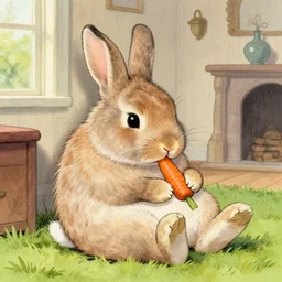 A fuzzy rabbit chilling in her mansion eating a carrot, Greg Hildebrandt, Mark Keathley