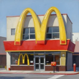 kinkade painting of a brutalist mcdonald's