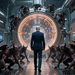 Joe Biden and a group of demons crawling out of The Large Hadron Collider at cern 4k ultra high quality surrealism