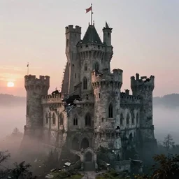 a highly detailed photo of a post - future damaged castle surrounded by a mist shot at sunrise on 3 0 mm film painted by alena aenami, rendered in unreal engine