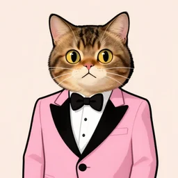 in the style of elysecastro, cartoon anthropomorphic cat, male, waring a pink tux, brown furr