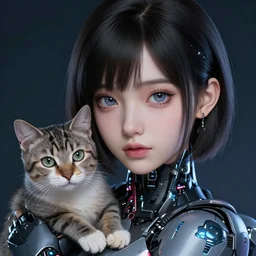 A potrait of a cyberpunk cyborg girl with a cat in her shoulder, the girl has big and cute eyes, fine-face, realistic shaded perfect face, fine details. Very anime style. Realistic shaded lighting poster by Ilya Kuvshinov katsuhiro, magali villeneuve, artgerm, Jeremy Lipkin and Michael Garmash, Rob Rey and Kentarõ Miura style, trending on art station