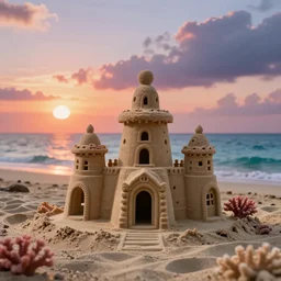 a sandhouse on the beach of a coral ocean, sunset, inspired by tim burton, cinematic light, octane render, photorealistic, ultra detailed