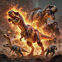 burning carnivore dinosaur, raptor, Tyrannosarus Rex, alosaurus, spinosaurus, velociraptor, Explosion from kong skull Island (2017), from jurassic World (2015), from pacific rim (2013) from King kong (2005), trex from godzilla (2014), from guardians of the galaxy, from transformers, cgsociety, ArtStation, by Frank frazetta, by drew struzan