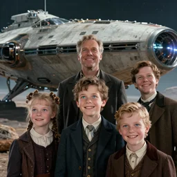 sharp, detailed, film from a blockbuster sci fi 8 k color movie, set in 1 8 6 0, family standing in front of a crashed spaceship, on alien planet, looking happy, wearing 1 8 5 0 s era clothes, atmospheric lighting, in focus, reflective eyes, 3 5 mm macro lens, live action, nice composition, good photography, super clear facial details