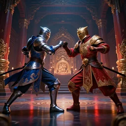 knights for honor style fight in ancient temple, dark vibrant colors, volumetric lighting, movie action scene, 8 k, lumen reflections, sharpened, insanely detailed and intricate, elegant, ornate