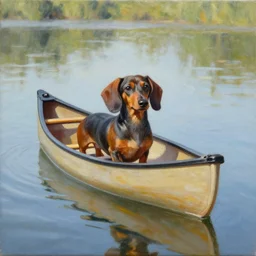 cute dachshund in a canoe, detailed painting, weiner dog, oil on canvas, adorable, reflective water, wide angle shot, very detailed