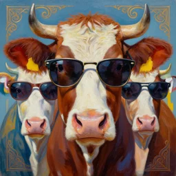 cow wearing sunglasses by GEOGLYPHIKS by  MICHAEL DIVINE and by AMANDA SAGE in the style of oil painting visionary art, intricate oil painting artwork. , trending on artstation, very coherent symmetrical artwork, oil painting