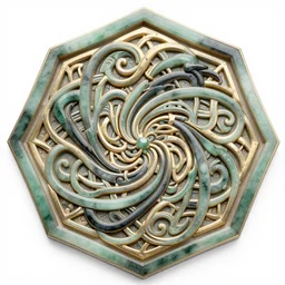 ornate twisting three dimensional multilayered celtic pattern vortex inside a hexagonal shape, intricate detail, complex, jade, gold, silver, obsidian